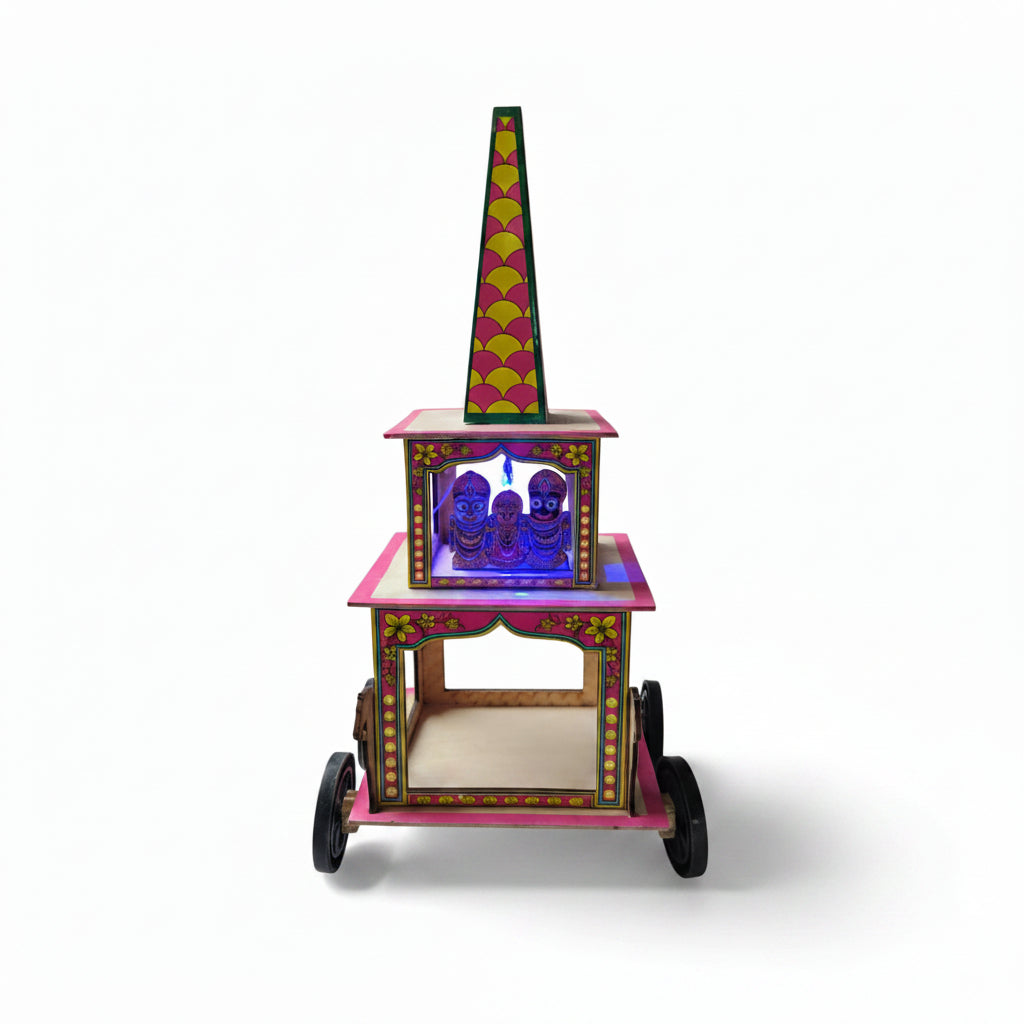 Small Handcrafted Illuminated Jagannath Rath – LED Light & Wheels Included